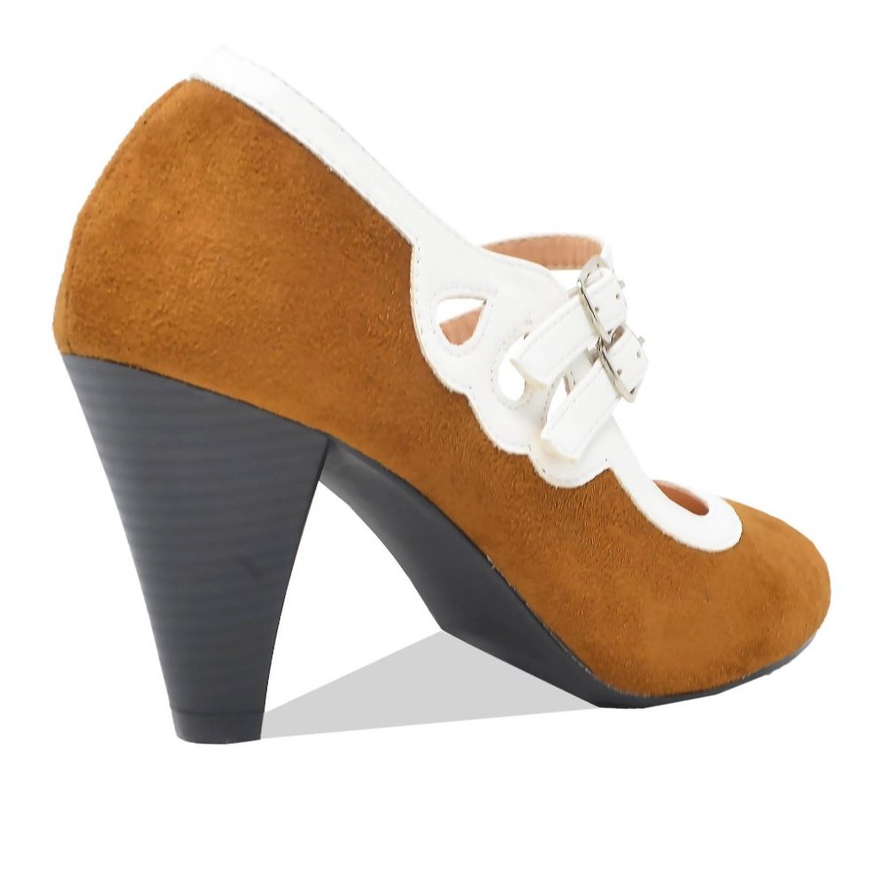 Chase & Chloe Women's Round Toe Mid Heel With Two Straps - Picture 3 of 5